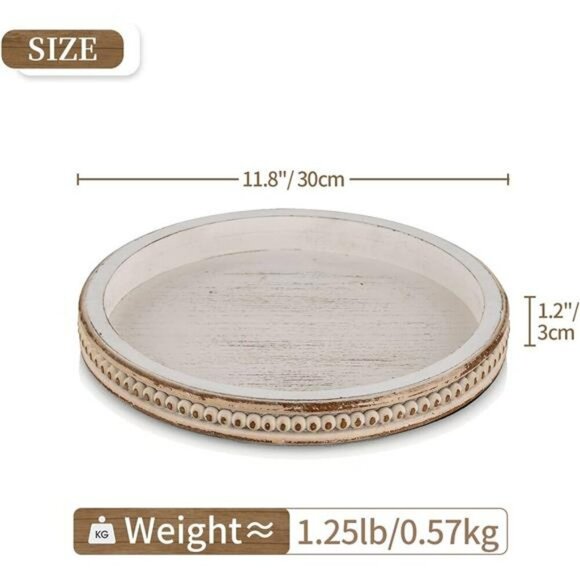 Hanobe Wood Bead Round Tray Whitewashed Rustic Farmhouse Coffee Table Decor - Picture 5 of 7